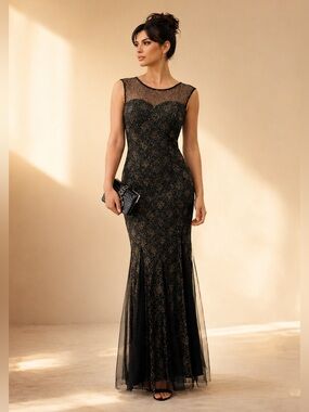 Y2K Gold Floral Mesh Mermaid Gown Sheer Sweetheart Candalite Size M